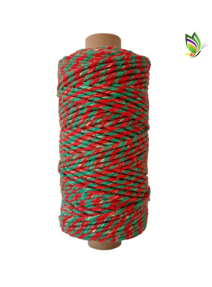 Fio de Algodão Torcido | Vermelho + Verde + Dourado